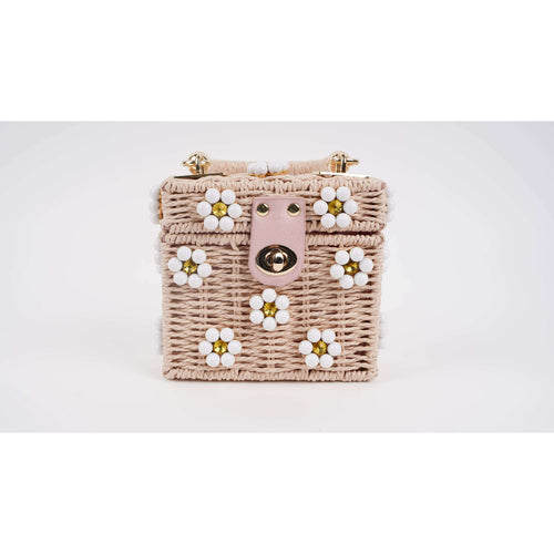 8.28 Boutique:By Jenna Lee,Jenna Lee Wicker Bucket Daisy Flower Purse,Purse,Pink + White Daisy / Small