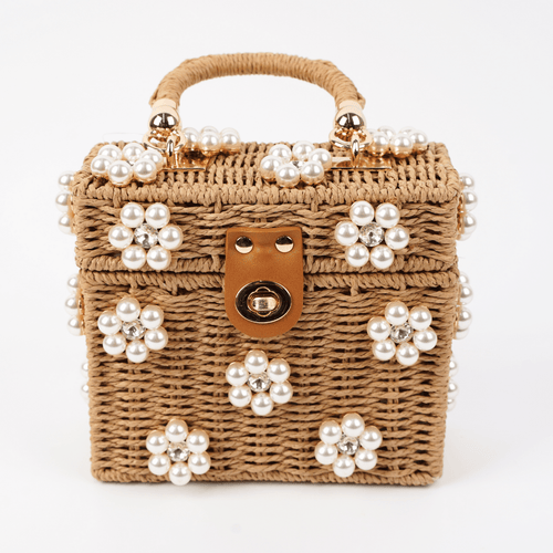 8.28 Boutique:By Jenna Lee,Jenna Lee Wicker Bucket Daisy Flower Purse,Purse,Tan/Brown + Pearl Daisy / Large