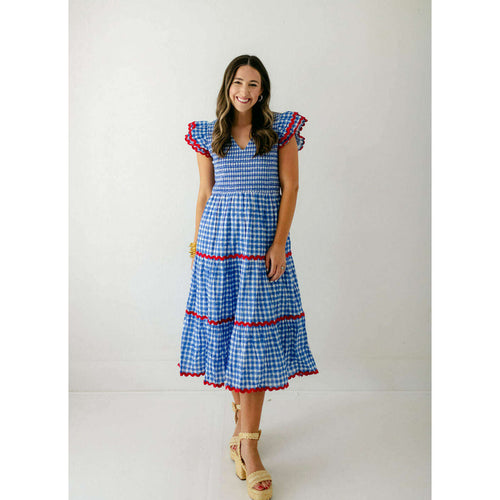 8.28 Boutique:Sail to Sable,Sail to Sable Costal Blue Gingham Smocked Ric-Rac Dress,Dress