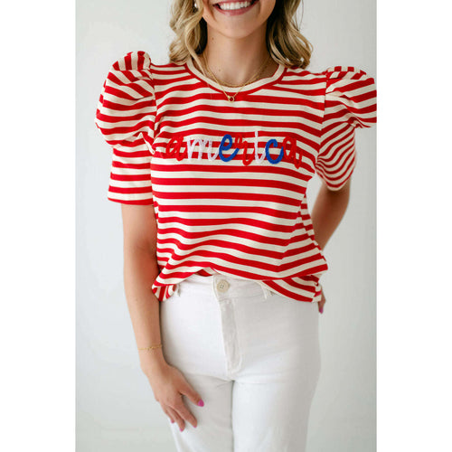 8.28 Boutique:8.28 Boutique,America Red White and Blue Puff Sleeve Top,Shirts & Tops