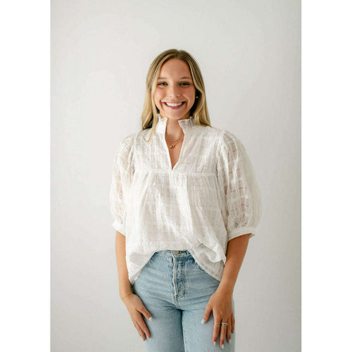 8.28 Boutique:Jade by Melody Tam,Jade Melody Tam White High Neck Puff Sleeve Top,Shirts & Tops