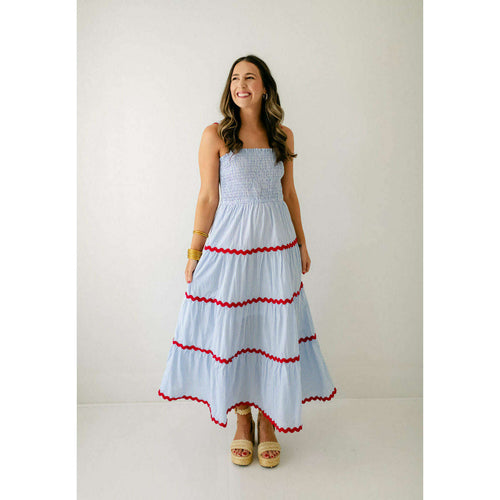 8.28 Boutique:8.28 Boutique,The Leigh Blue and White Stripe Ric Rac Smocked Top Dress,Dress
