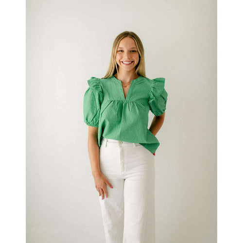 8.28 Boutique:the,THML Green Puff Sleeve Textured Top,Shirts & Tops