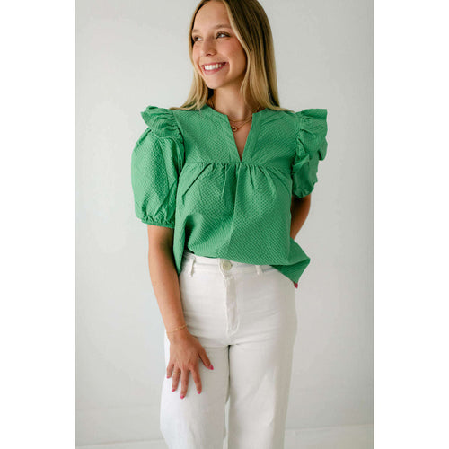 8.28 Boutique:the,THML Green Puff Sleeve Textured Top,Shirts & Tops