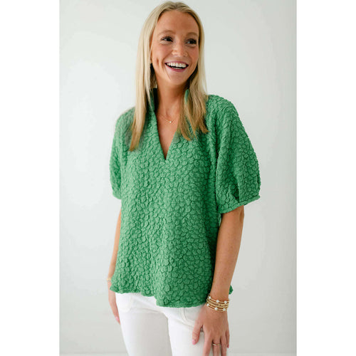 8.28 Boutique:THML,THML Green Textured Puff Sleeve V-Neck Top,Top
