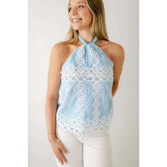 8.28 Boutique:Ciebon,Ciebon Light Blue Embroidery Halter Top,top