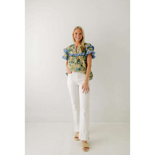 8.28 Boutique:8.28 Boutique,The Hillary Green Floral Top with Blue Scalloped Detailing,Shirts & Tops