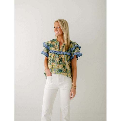 8.28 Boutique:8.28 Boutique,The Hillary Green Floral Top with Blue Scalloped Detailing,Shirts & Tops