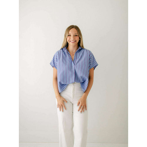 8.28 Boutique:Karlie Clothes,Karlie Stripe Blue and Purple Poplin V-Neck Collar Top,Shirts & Tops
