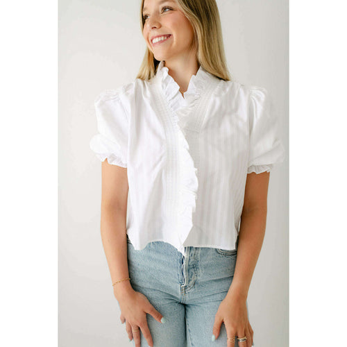 8.28 Boutique:Karlie Clothes,Karlie White Striped Poplin Puff Sleeve Ruffle Top,top