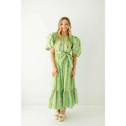 8.28 Boutique:Karlie Clothes,Karlie Mod Floral Vine Poplin Ruffle Maxi Dress in Lime,Dress