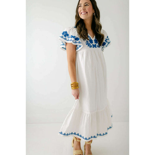8.28 Boutique:THML,THML White and Blue Embroidered V-Neck Dress,Dress