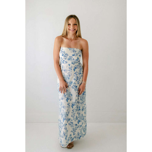 8.28 Boutique:8.28 Boutique,The Addie Blue and White Strapless Floral Dress,Dress