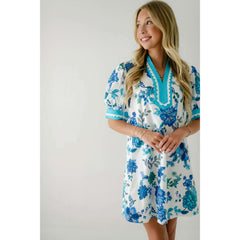 8.28 Boutique:Entro,The Penelope Blue Floral Ric Rac Dress,Dress
