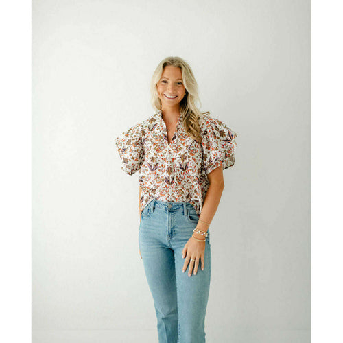 8.28 Boutique:Sail to Sable,Sail to Sable Cream Batik Print Ruffle Sleeve Top,Shirts & Tops