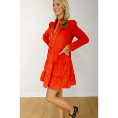 8.28 Boutique:Sail to Sable,Sail to Sable Red Corduroy Long Sleeve Tunic Flare Dress,Dress