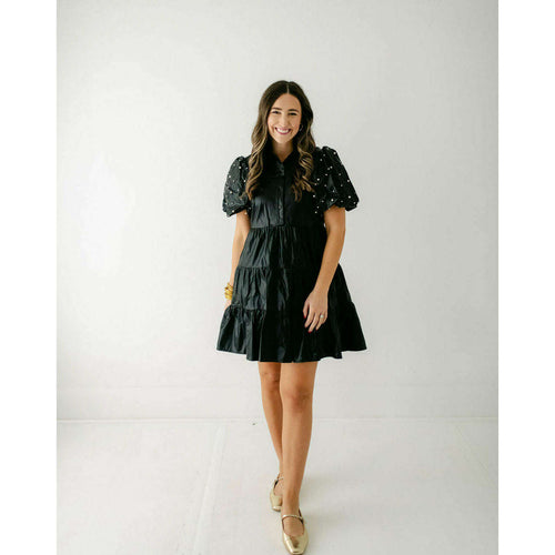 8.28 Boutique:Entro,Entro Black Pearl Sleeve Faux Leather Dress,Dress