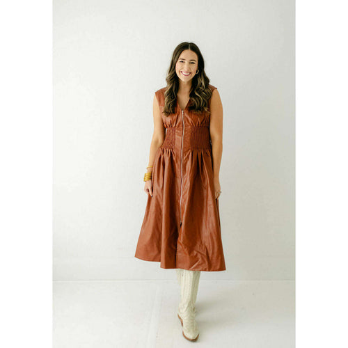 8.28 Boutique:Aureum,Aureum Cognac Vegan Leather Smocked Dress,Dress