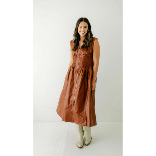 8.28 Boutique:Aureum,Aureum Cognac Vegan Leather Smocked Dress,Dress