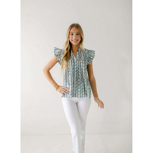 8.28 Boutique:THML,THML White and Blue Block Print Flutter Sleeve Top,Shirts & Tops