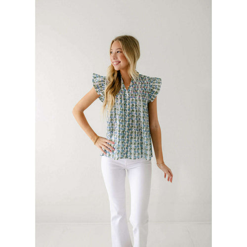 8.28 Boutique:THML,THML White and Blue Block Print Flutter Sleeve Top,Shirts & Tops