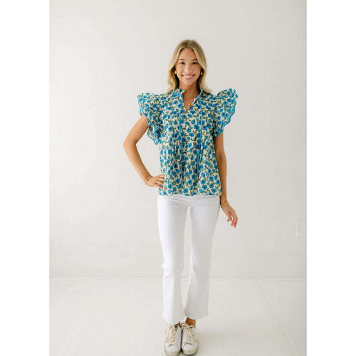 8.28 Boutique:Entro,The Carrie Blue Floral Scalloped Sleeve Top,Shirts & Tops