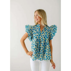 8.28 Boutique:Entro,The Carrie Blue Floral Scalloped Sleeve Top,Shirts & Tops