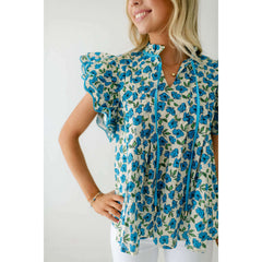 8.28 Boutique:Entro,The Carrie Blue Floral Scalloped Sleeve Top,Shirts & Tops