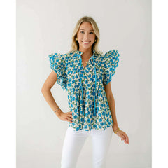 8.28 Boutique:Entro,The Carrie Blue Floral Scalloped Sleeve Top,Shirts & Tops