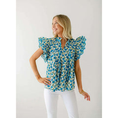 8.28 Boutique:Entro,The Carrie Blue Floral Scalloped Sleeve Top,Shirts & Tops