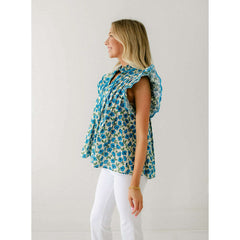 8.28 Boutique:Entro,The Carrie Blue Floral Scalloped Sleeve Top,Shirts & Tops