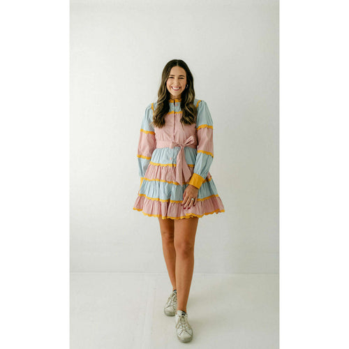 8.28 Boutique:8.28 Boutique,The Bethany Scalloped Pink and Blue and Yellow Trim Dress,Dress