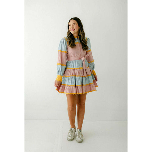 8.28 Boutique:8.28 Boutique,The Bethany Scalloped Pink and Blue and Yellow Trim Dress,Dress