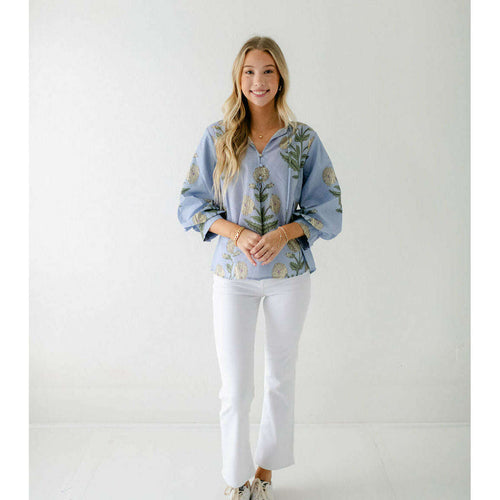 8.28 Boutique:Entro,The Amanda Blue Block Print Quarter Length Sleeve Top,Shirts & Tops