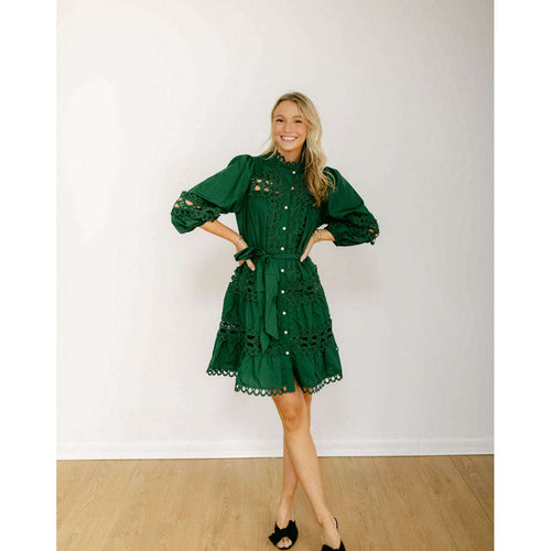 8.28 Boutique:Entro,Entro Green Lace Dress with Pearl Buttons,Dress