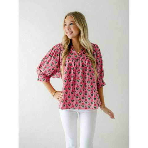 Joy*Joy Red Flowers Smocked Tie Top