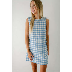 8.28 Boutique:Aureum,Aureum Light Blue Gingham Shift Dress with Buttons,Dress