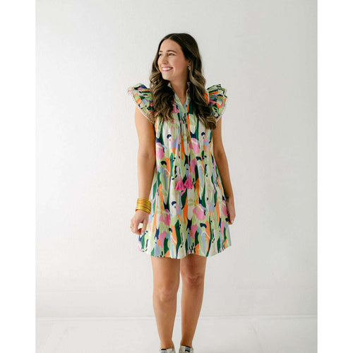 8.28 Boutique:THML,THML Lime Flutter Sleeve Multi Color Dress,Dress