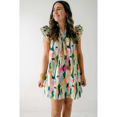 8.28 Boutique:THML,THML Lime Flutter Sleeve Multi Color Dress,Dress