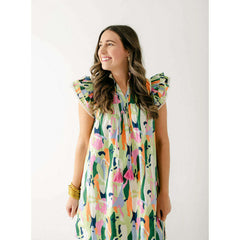 8.28 Boutique:THML,THML Lime Flutter Sleeve Multi Color Dress,Dress