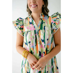 8.28 Boutique:THML,THML Lime Flutter Sleeve Multi Color Dress,Dress