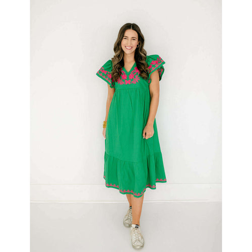 8.28 Boutique:THML,THML Green Flutter Sleeve Embroidered Detail Dress,dress