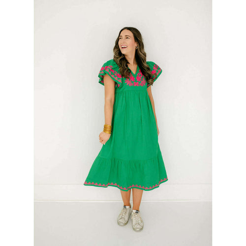 8.28 Boutique:THML,THML Green Flutter Sleeve Embroidered Detail Dress,dress