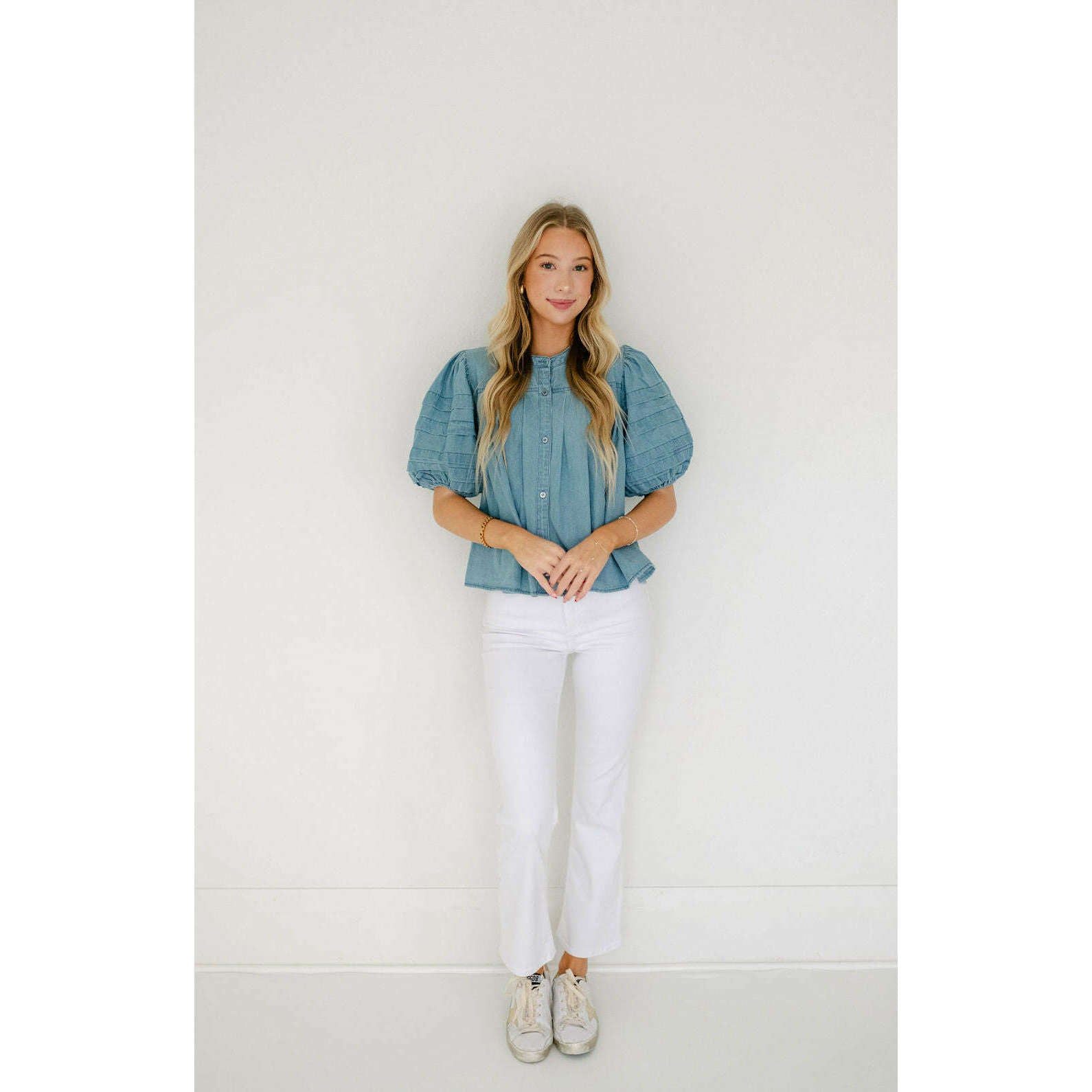 8.28 Boutique:Karlie Clothes,Karlie Denim Novelty Pleat Top,Shirts & Tops