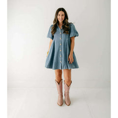 8.28 Boutique:Entro,The Sadie Blue Denim Dress with Gold Buttons,Dress