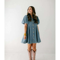 8.28 Boutique:Entro,The Sadie Blue Denim Dress with Gold Buttons,Dress