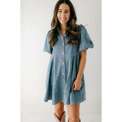 8.28 Boutique:Entro,The Sadie Blue Denim Dress with Gold Buttons,Dress