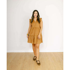 8.28 Boutique:THML,THML Flutter Sleeve Corduroy Midi Dress in Camel,Dress