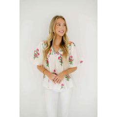 8.28 Boutique:THML,THML White Floral Puff Sleeve Top,Shirts & Tops