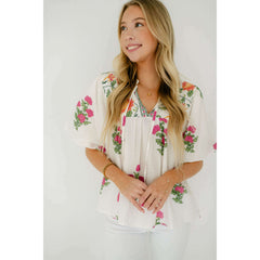 8.28 Boutique:THML,THML White Floral Puff Sleeve Top,Shirts & Tops